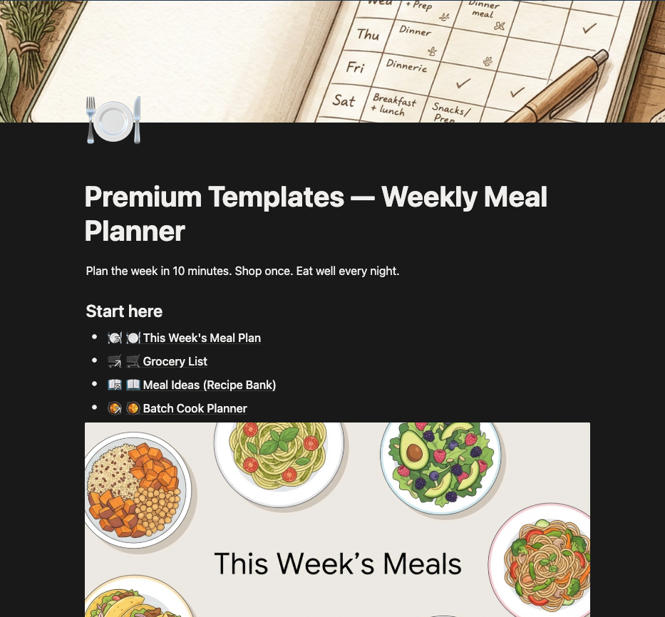 Weekly Meal Planner Notion template preview — showing the meal plan, grocery list, and recipe bank sections