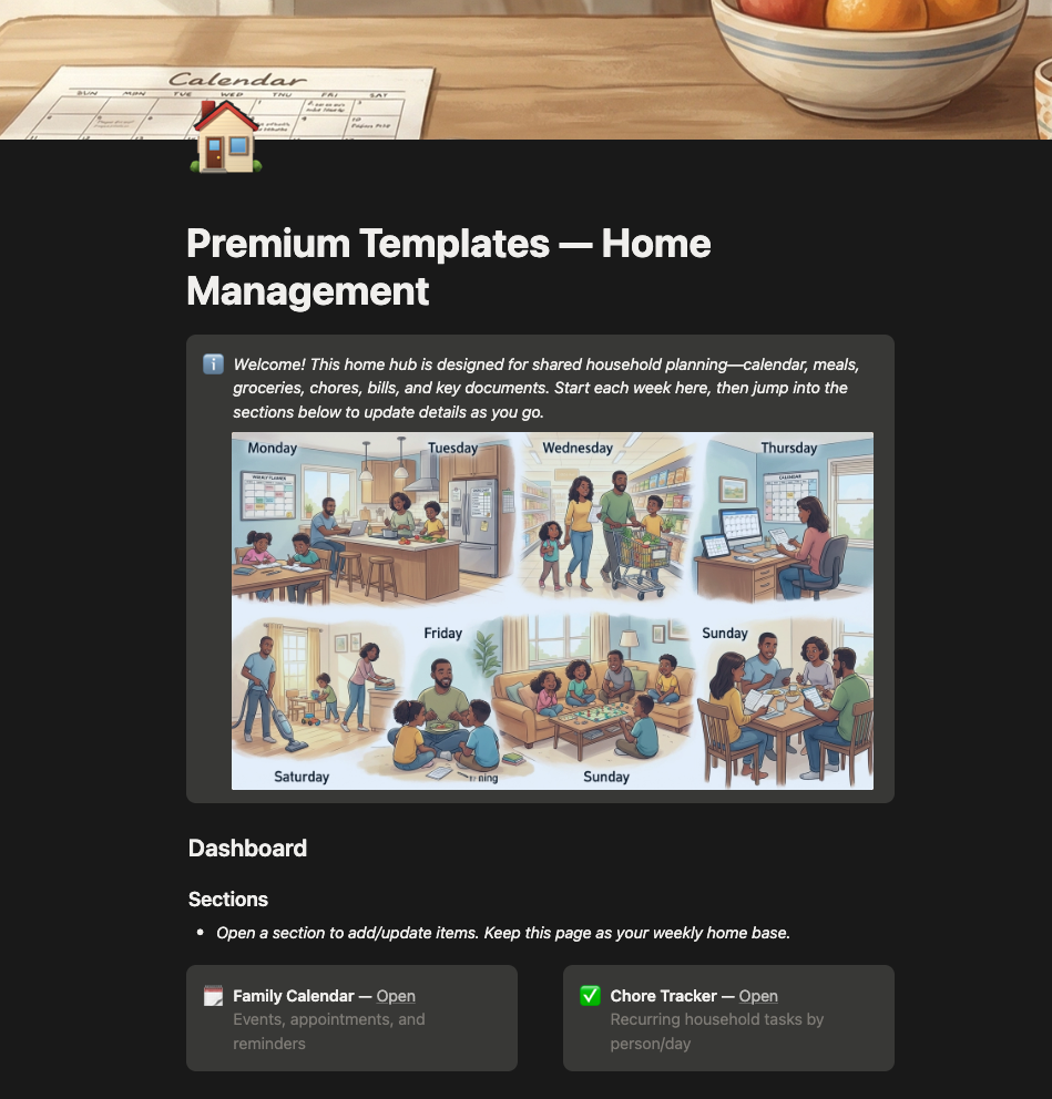 Notion Home Management template preview — showing the family calendar, meal planner, grocery list, chore tracker, bill tracker, and documents sections