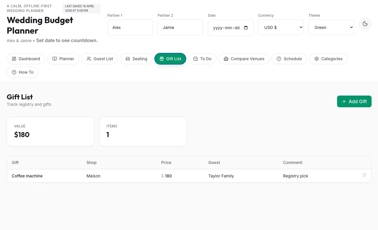 Wedding planner gift list tab screenshot