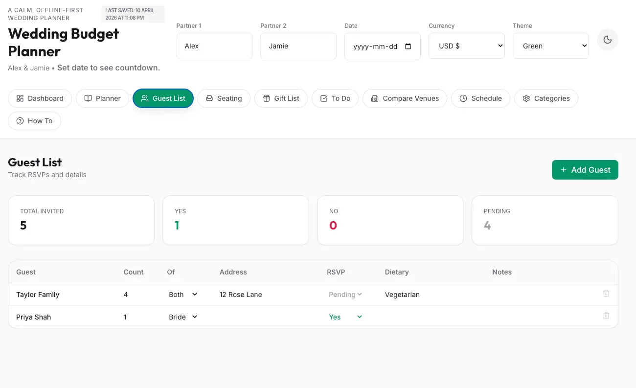 Wedding planner guest list tab screenshot