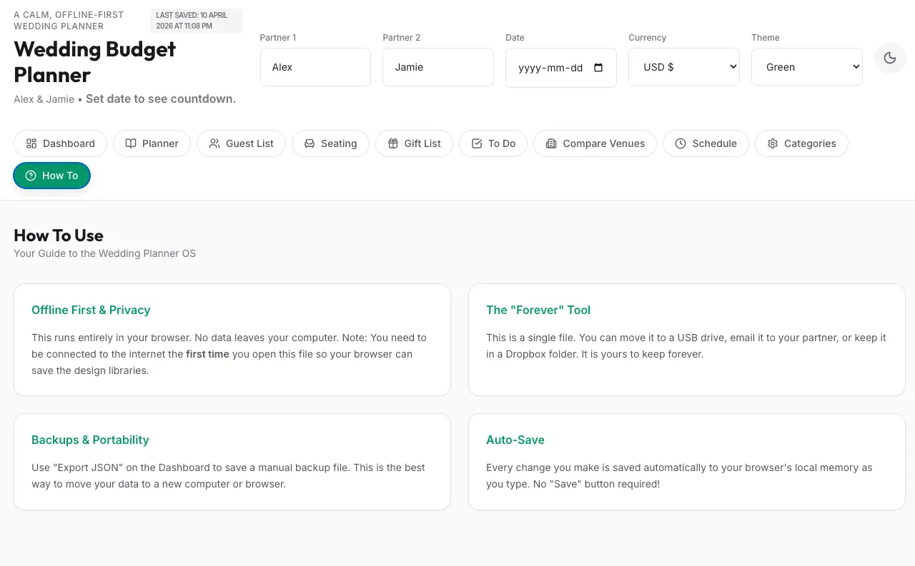 Wedding planner how to tab screenshot