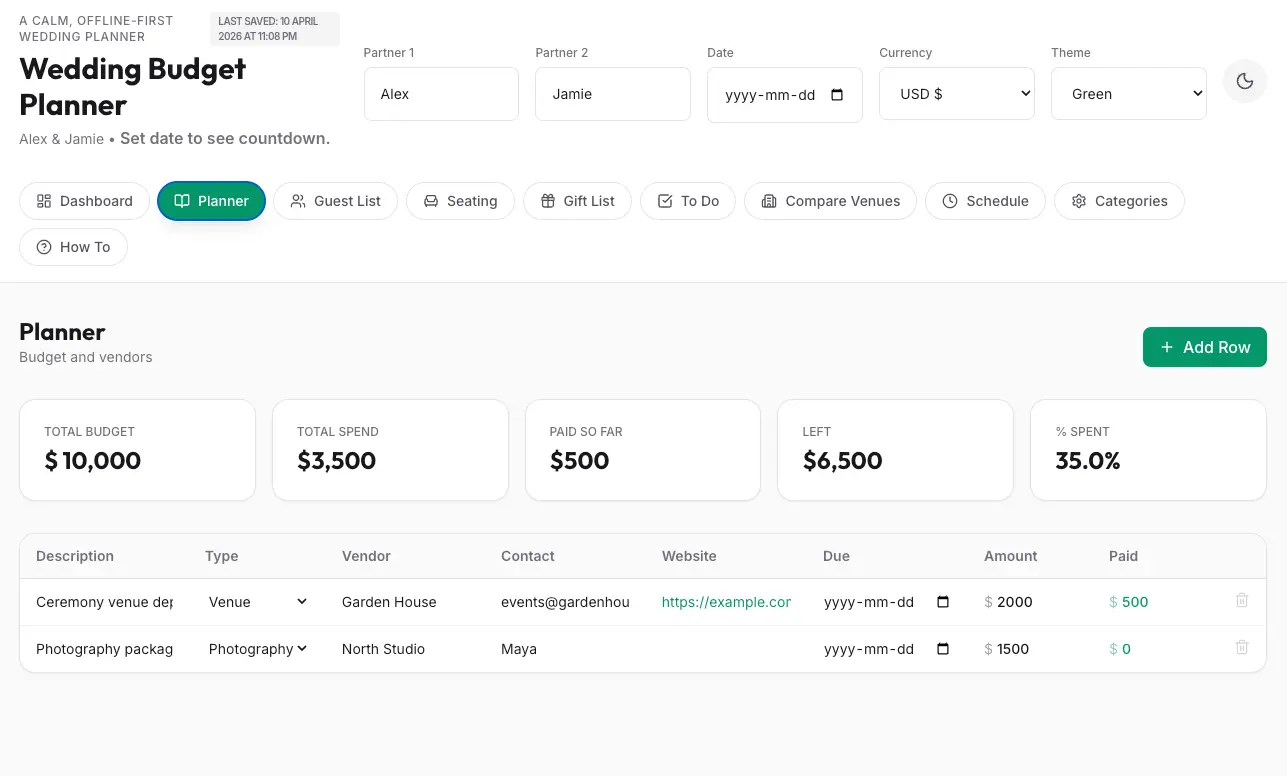 Wedding planner vendor budget table