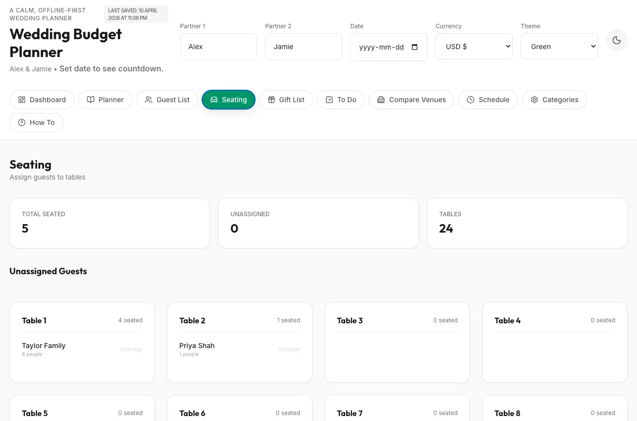 Wedding planner seating tab screenshot