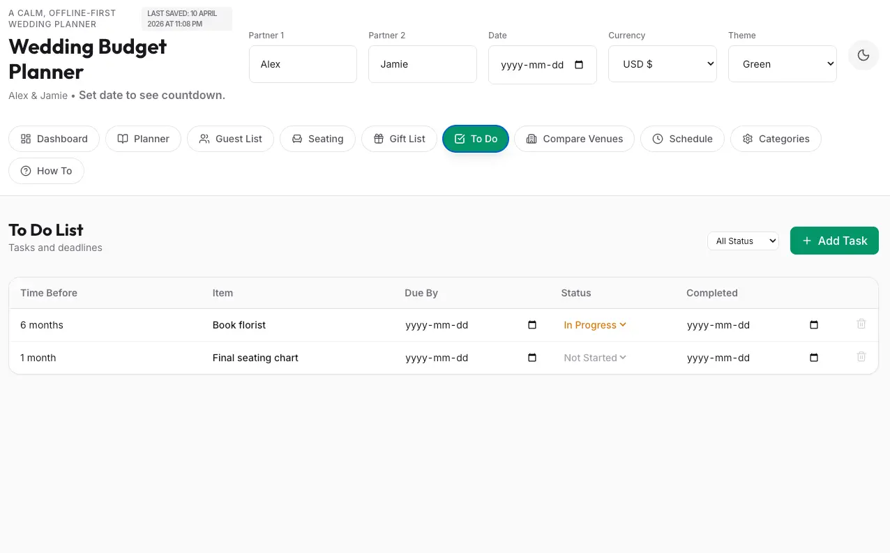 Wedding planner to do tab screenshot